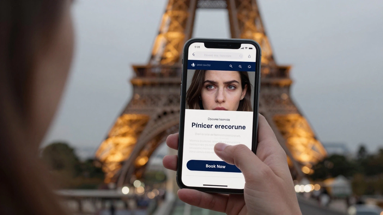 A woman&#039;s hand hovering over a smartphone displaying a French escort website, with the Eiffel Tower glowing in the background.