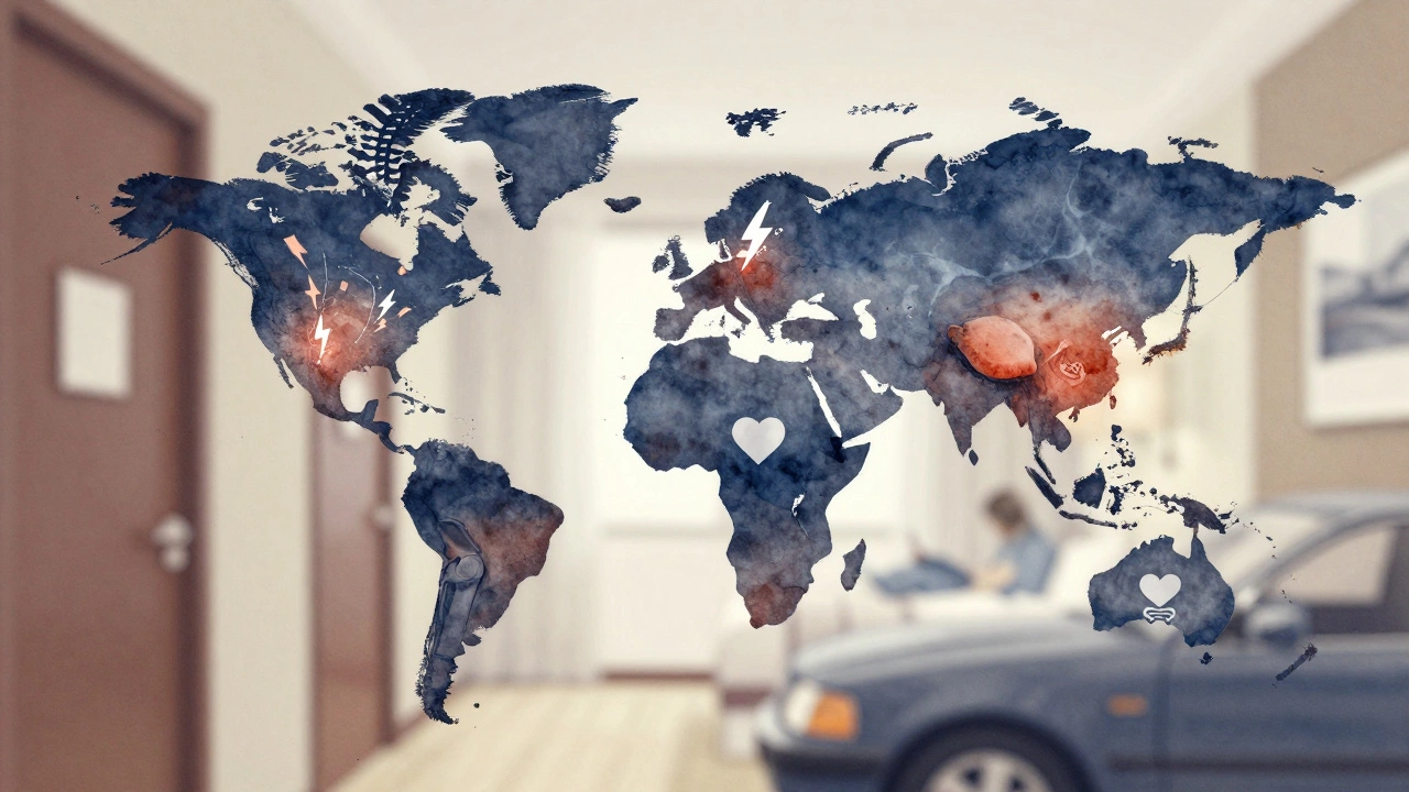 Abstract watercolor body map showing pain icons on spine, knees, wrists, and pelvis amid blurred work environments.