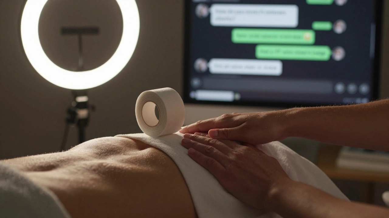 Hands using kinesiology tape and a pillow during a cam session, soft lighting reflecting off a computer screen.